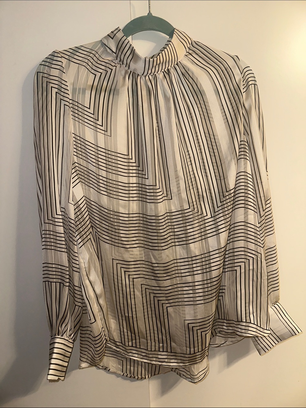 H&M Cream and Black Geometric Mock-Neck Blouse
